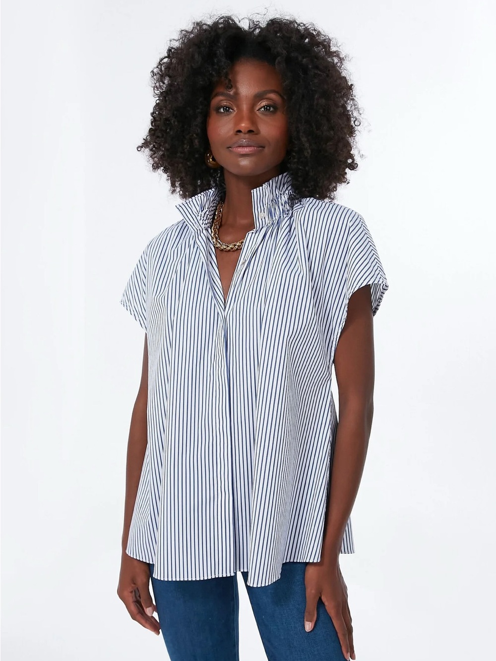 Tuckernuck Pomander Place Flutter-Sleeve Popover Ruffle Collar Blouse White/Navy